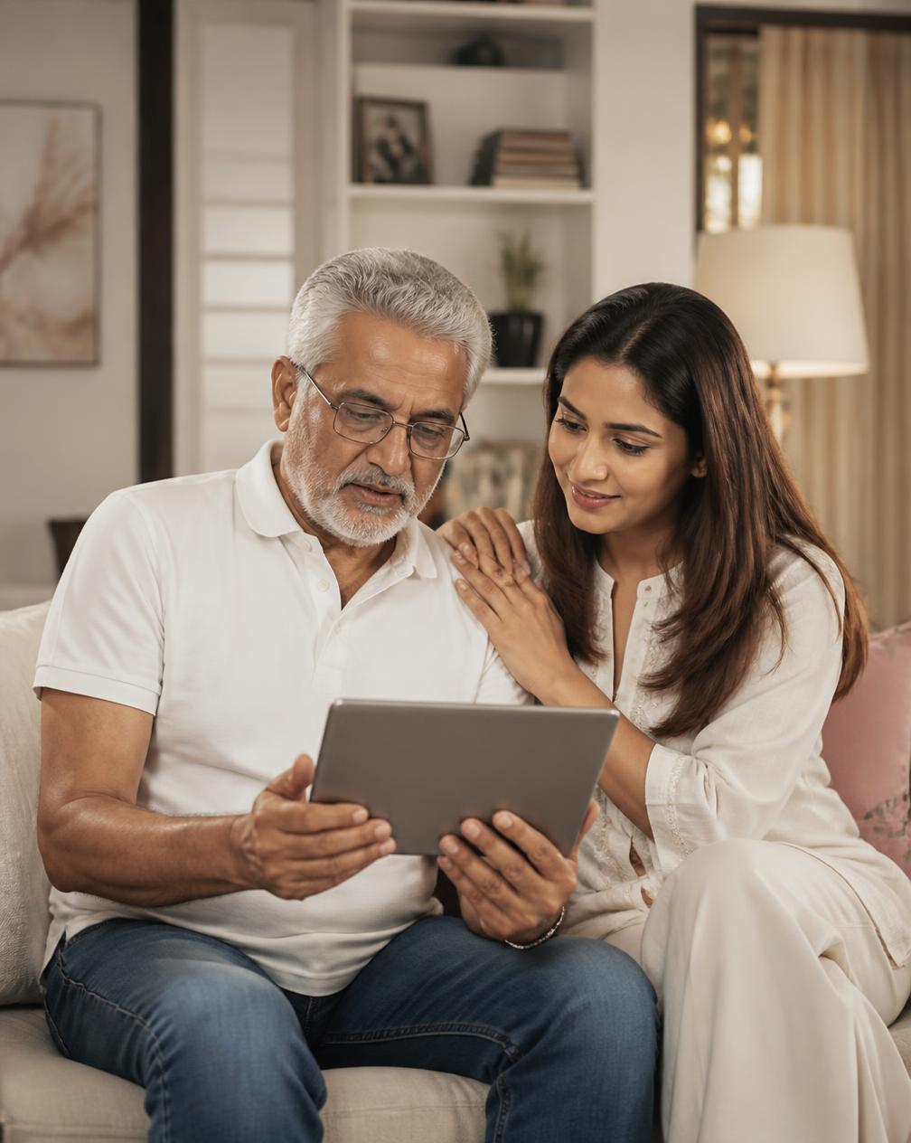 Indian family member supporting an older patient at home