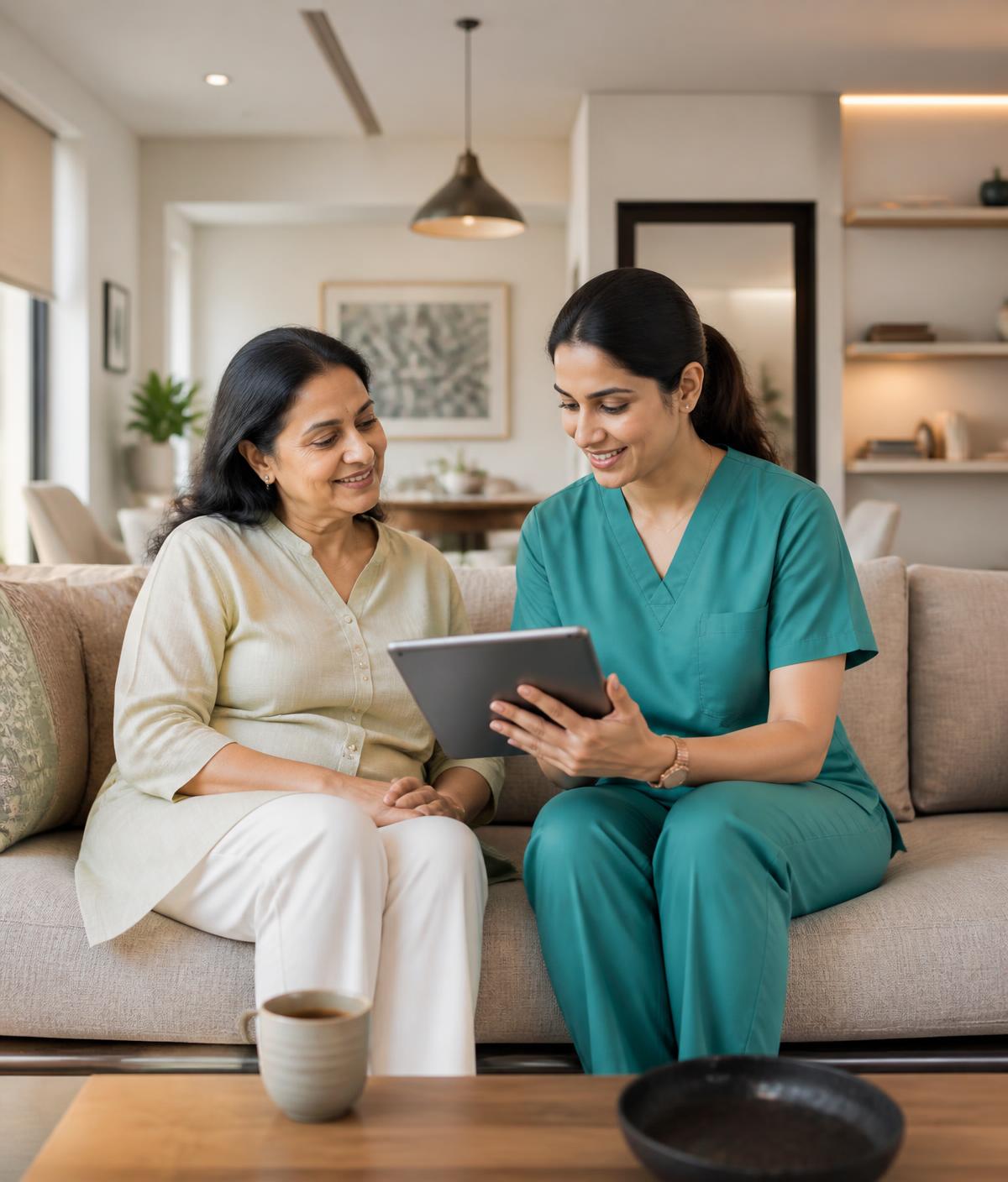 Indian patient discussing her care with a healthcare professional at home